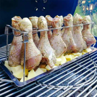 Easy Chicken Leg Rack Bbq Chicken Leg Holder Stainless Steel Bbq Chicken Wing Leg Grill Rack with Drip Pan Even-heat for Oven