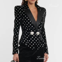 Tesco Polka Dot Women's Blazer Suit Velvet Long Sleeve Short Jacket Fashion Women's Luxury Blazer For Wedding Prom Party