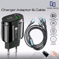 Fullset 2 Port Adaptor Fast Charger with 3in1 Cable Type C Micro USB Lightning Adaptor Pengisi Daya 