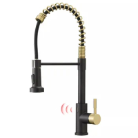 2023 Black+golden Automatic Smart Taps Kitchen Faucet Factory SUS304 Stainless Steel Pull Down Smart Sensor Kitchen Tap Pull Out