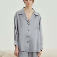 100% Silk Pajama Sets For Women Men Valentine's Day Gift Spring Summer Long Sleeve Sleepwear Grey Luxury Oversize 3XL Loungewear