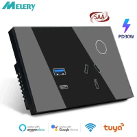 Melery Travel Adapter — Wi‑Fi Tuya smart wall outlet socket, Australia plug, USB Type‑C, 30W, Argent