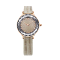 【SWAROVSKI 施華洛世奇】Octea Nova系列 灰褐色款 玫瑰金框 外圈水晶 皮革錶帶 優雅手錶 女錶(5649999)