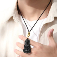 【MoonDy】飾品 項鍊 男生項鍊 和田玉 玉石 觀音像 佛像 吊墜 足金999 編繩項鍊 保平安 護身符 玉珮
