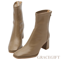 【Grace Gift】都會時尚後拉鍊中高跟襪靴 灰褐