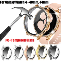 Glass+Case for Samsung Galaxy watch 4 44mm 40mm Accessories Bling Diamond PC bumper Shell +Screen protector Galaxy watch4 cover