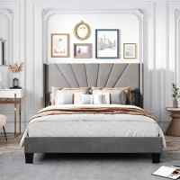 Comfort corner Queen Size Velvet Upholstered Platform Bed, Queen Bed Frame with Upholstered Headboard and Wood Slat Support