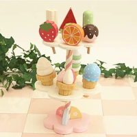 [ Funny ] Wooden Mother Garden Strawberry three layer cake Ice cream stand blocks Pretend Play House kitchen toy Cooking gift