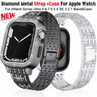 For Apple Watch Band Ultra 49mm 45mm 41mm 40/44mm 42mm Glitter Metal Strap Diamond Protective Case iWatch Series 9 8 7 6 5 4 SE