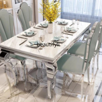 Light Luxury Bright Stone Plate Dining Table Stainless Steel Dining Tables and Chairs Italian Marble Dining-Table Rectangular