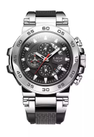 LIGE 男女通用計時手錶，銀色合金和塑膠錶殼，黑色矽膠錶帶