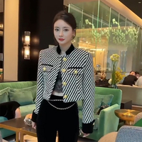 Áo Khoác Nữ Ngắn Sọc Đen Trắng Phong Cách Xiaoxiang 2024 Áo Cardigan Dễ Phối Thiết Kế Nút Kim Loại M
