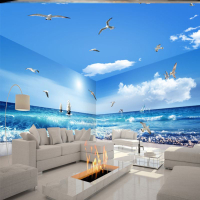 風景牆紙 背景牆貼畫 壁畫 藍天白雲沙灘全屋客製化牆紙酒店包廂吊頂壁紙現代簡約海洋風景壁畫『YJ00193』