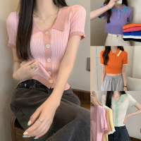 [เก็บเงินปลายทาง] mimi&didi พร้อมส่งเสื้อครอปแฟชั่น เสื้อผู้หญิง เเขนสั้นคอปก ตัดขอบสี (5935)