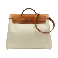 HERMES 愛馬仕 米色帆布 棕色皮革 Herbag 39 兩用包 □C刻 【二手名牌BRAND OFF】