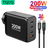 TQUQ 200W Fast Charger USB-C Power Adapter, 4-port PD100W PPS 65W 45W QC4.0 for MacBook iPhone Samsung HP Dell Xiaomi Laptop