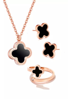 CELOVIS Adele幸運四葉草項鍊 + 耳釘 + 戒指首饰套裝（黑色）
