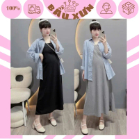 Đầm bầu 2 dây kèm áo cagidan kẻ xanh xinh xắn m384 đầm bâu tiểu thư thu đông chất đẹp