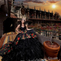Black Mexican Quinceanera Dress 2024 Luxury Sweetheart Neck 3D Floral Embroidered Lace Princess Prom Gowns Tutu Sweet 16 Dress