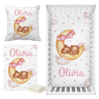 LVYZIHO Sleeping Bear Custom Name Crib Bedding Set, Moon And Stars Baby Shower, Personalized Crib Sheet Set for Girl