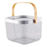 Storage Basket With Wood Handle For Kitchen Home,Metal Wire Fruits Picnic Organiser,Mesh Steel Basket