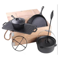 Hot sale 7 pieces cast iron outdoor camping cookware set pots and pans cooking pot set