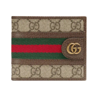 【GUCCI 古馳】GUCCI OPHIDIA GG 棕色 經典老花 SUPREME帆布 兩摺短夾 錢包