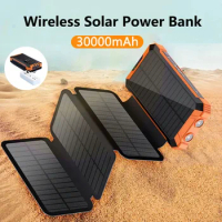 Folding Solar Power Bank 30000mAh With 3 Solar Panel Qi Wireless Charger External Battery Pack for iPhone 15 Xiaomi Mi Powerbank