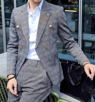 FINDSENSE品牌 四季款 新款 日本 男 高端  千鳥格 商務 修身 休閒 西裝外套 西裝褲 兩件套 潮流西服套裝