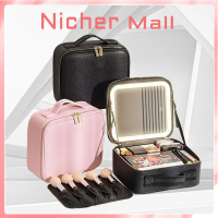 ส่งฟรี. Make up Bag With Mirror LED Light USB Charge Make up Organizer Cosmetic Pouch Large Capacity