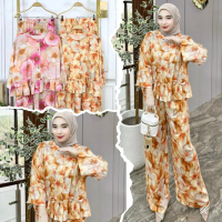 AZKA ELIZA One Set Wanita Rayon Premium Motif Bunga Setelan Kulot Busui Friendly Kekinian