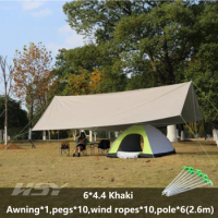 Khaki 6x4.4M Ultralight Tarp Outdoor Camping Survival Sun Shelter Shade Awning Silver Coating Pergola Waterproof Beach Tent