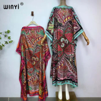 WINYI 2023 new kuwait Fashion boho Popular printed Silk Kaftan Maxi dress Summer Beach Bohemian kaftan long dress for lady