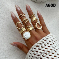 AGOD 10Pcs/Set Retro Gold Geometric Imitation Pearl Ring Set for Women Irregular Jewelry Punk Metal 