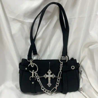 Gothic Cross Y2k Bag Women Vintage Grunge Punk Chain Casual Girls Shoulder Bag Female Retro Moto Biker Black Handbag Aesthetic
