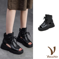 【Vecchio】真皮涼鞋 厚底涼鞋/真皮頭層牛皮立體縫線滾邊繫帶厚底羅馬涼鞋(黑)