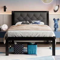Twin/Full/Queen Size Metal Bed Frame with Linen Upholstered Headboard, Heavy-Duty Platform Bed Frame with 12" Storage,Steel Slat