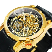 WINNER Military Tourbillon Mechanical Watches for Men Gold Skeleton Luminous Hands Luxury Leather Ru