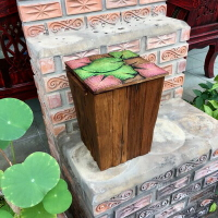 泰國柚木垃圾桶 家用客廳臥室衛生間廚房創意荷花木雕收納桶有蓋1入