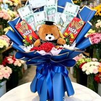 Buket Wisuda Boneka Snack Pocky dan Uang mainan Biru
