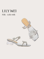Lily Wei【青黛琉璃】一字帶銀色涼鞋夏季新款水鉆水晶高跟鞋百搭