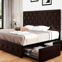 Furniture supplies Allewie Upholstered King Size Platform Bed Frame with 4 Storage Drawers and Headboard, Diamond Stitched Butto