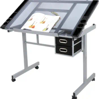 Adjustable Drafting Table Drawing Desk Art Desk Versatile Art Craft Work Station Glass Tabletop w/2 Slide Drawers and Wheels