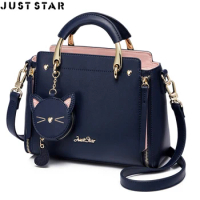 Just Star Leather Handbag Ladies Embroidered Cat Handbag Purse Ladies Tassel Stitching Casual Messenger Bag