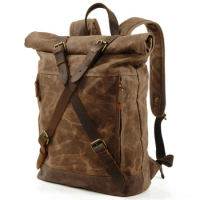 Men's waterproof wax canvas hiking backpack outdoor travel bag anti-theft computer backpack retro rolled backpack