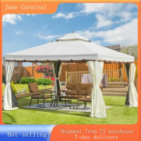 12' x 12' Outdoor Canopy Gazebo, Double Roof Patio Gazebo Steel Frame with Netting and Shade Curtains for Party Canopy, Cream