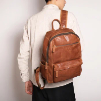 New men's leather backpack women's head leather 14-inch computer backpack outdoor travel bag