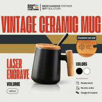 Custom Cangkir Gelas Vintage Ceramic Mug Cetak Laser Grafir Tutup Bambu Souvenir Gift
