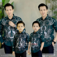 EMERALD GREEN KEMEJA BATIK COUPLE AYAH DAN ANAK LAKI LAKI MOTIF GARUDA LENGAN PANJANG DAN PENDEK
