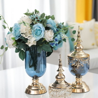歐式玻璃花瓶擺件客廳藍色干花插花美式輕奢電視柜餐桌家居裝飾品